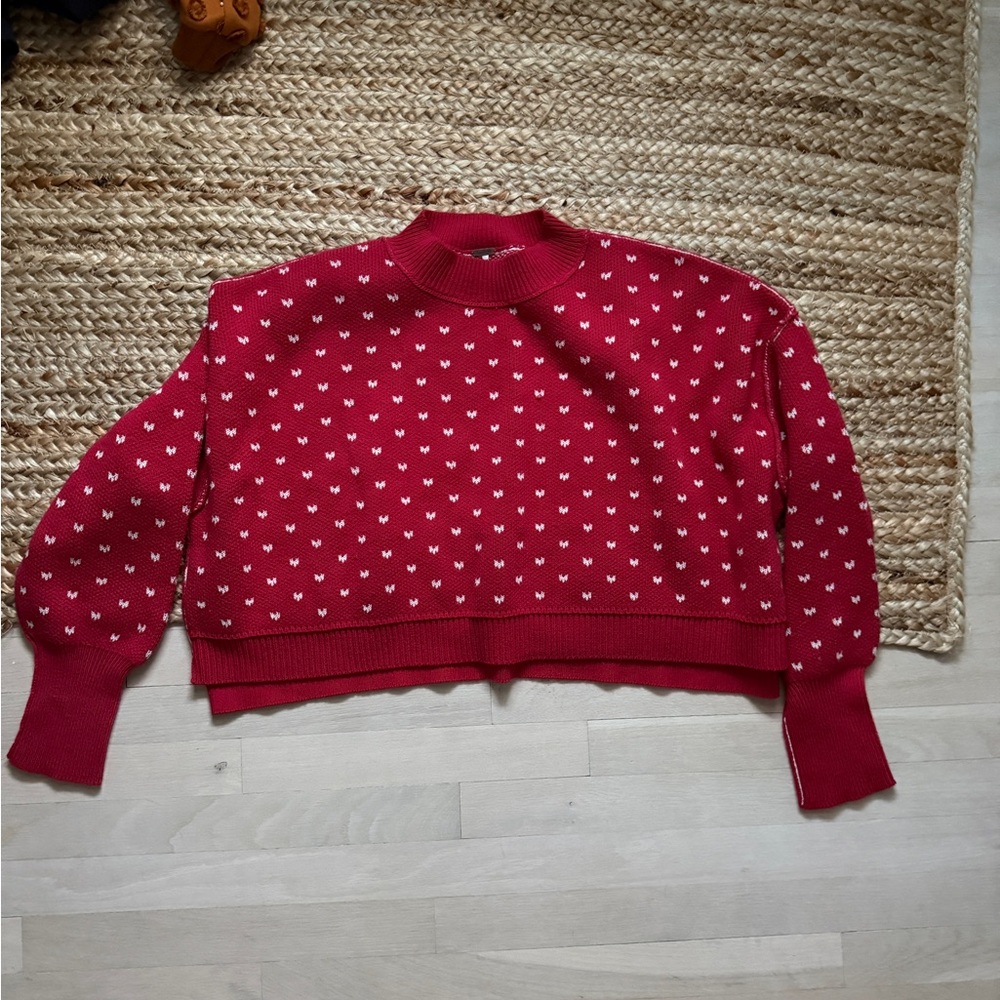 Free People Red Sweater with White Heart Pattern